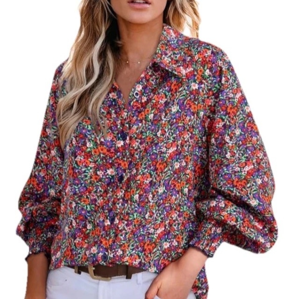 Dokotoo Women’s Floral Balloon Sleeve Button Down Blouse Top Shirt Casual Office - Picture 2 of 15